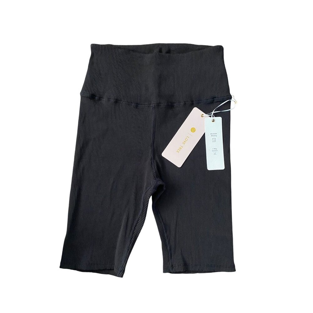 Love Tree High-Waisted Ribbed Biker Shorts - Black NEW WITH TAGS